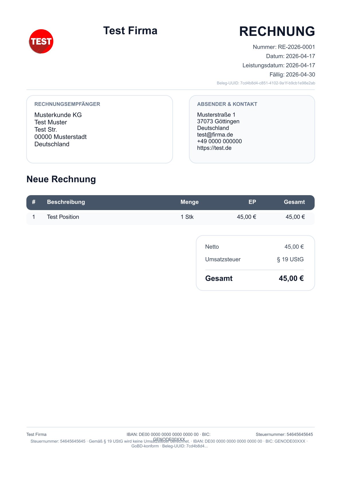 GoBD-konforme Beispielrechnung mit Audit-Trail und Versionierung – Professionelles PDF-Layout